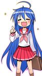  bag closed_eyes happy izumi_konata kurosu_tsugutoshi lucky_star mole mole_under_eye pink_neckwear pointing ryouou_school_uniform school_bag school_uniform serafuku solo 