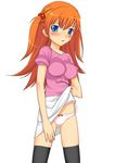  blue_eyes blush breasts covered_nipples hair_bobbles hair_ornament impossible_clothes impossible_shirt large_breasts long_hair lowleg lowleg_panties neon_genesis_evangelion orange_hair panties shirt skindentation skirt skirt_lift solo souryuu_asuka_langley sugaishi thighhighs underwear 