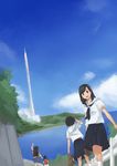  3girls :d black_hair cloud condensation_trail day liftoff multiple_girls open_mouth original outdoors rocket school_uniform serafuku skirt sky smile tamaru_tokihiko water 