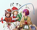  &gt;_&lt; ^_^ animal_ears blonde_hair brown_hair cat_ears chen christmas christmas_tree closed_eyes collar cup fang gap hieda_no_akyuu japanese_clothes kannazuki_hato long_hair multiple_girls purple_eyes purple_hair santa_costume short_hair teacup touhou yakumo_yukari 