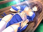  breasts brown_eyes covered_nipples day dead_or_alive kasumi_(doa) large_breasts long_hair mizuhara_yuu no_panties non-web_source pelvic_curtain sleeping solo thighhighs 