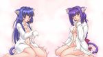  animal_ears blue_eyes blue_hair blush breasts cat_ears cleavage dooru hair_intakes kanon long_hair medium_breasts midriff minase_akiko minase_nayuki multiple_girls open_clothes open_shirt purple_hair shirt tail 