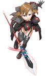  brown_eyes brown_hair makochin original polearm short_hair short_twintails simple_background solo spear thighhighs twintails weapon white_background 