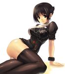  akamaru ass black_hair bracelet breasts brown_eyes chai_xianghua china_dress chinese_clothes covered_nipples dress earrings hair_bun jewelry large_breasts panties pantyshot short_hair sitting solo soulcalibur soulcalibur_iii thighhighs thighs twisted_torso underwear 
