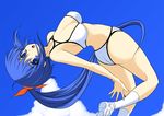  bikini blue_eyes blue_hair blush breasts cleavage jumping medium_breasts original ponytail profile shijou_sadafumi socks solo swimsuit 