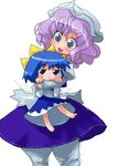  :&lt; blue_eyes blue_hair blue_skirt blush bored bow carrying chibi cirno eyebrows_visible_through_hair hair_bow hat height_difference hug ice ice_wings juliet_sleeves lavender_hair letty_whiterock long_sleeves multiple_girls pants pants_under_skirt puffy_pants puffy_sleeves short_hair simple_background skirt tao_(kadoya) touhou wavy_hair white_hat white_pants wings yellow_bow 