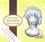  braid chibi engrish food izayoi_sakuya lowres mai_jin maid maid_headdress pudding ranguage short_hair silver_hair solo spoon touhou twin_braids 