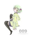  animal_hood black_legwear closed_mouth frown full_body green_hair hair_bobbles hair_ornament hood hood_down hoodie long_sleeves no_shoes number one_side_up original sakurai_unan short_hair shorts simple_background sitting solo tears text_focus thighhighs white_background yellow_eyes 