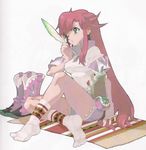 blue_shorts boots feathers feet fujimoto_hideaki full_body green_eyes leg_lift long_hair one_eye_closed pink_footwear rebecca_streisand red_hair rug shorts sitting socks taut_clothes taut_shorts very_long_hair white_background wild_arms 