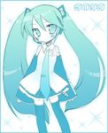  aqua aqua_hair blush border character_name detached_sleeves hatsune_miku headphones headset long_hair looking_at_viewer lowres microphone monochrome necktie shudou_rima skirt solo sparkle standing thighhighs twintails very_long_hair vocaloid white_background zettai_ryouiki 