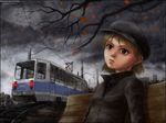  autumn bench blonde_hair city copyright_request grey_eyes ground_vehicle hat limfoman overhead_line pantograph prom railroad_tracks russia sad solo train 