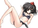  ;d bangs barefoot bikini black_bikini black_eyes black_hair breasts danshaku hat leg_up looking_at_viewer medium_breasts navel one_eye_closed open_mouth shameimaru_aya short_hair side-tie_bikini simple_background smile solo swimsuit touhou underboob white_background 