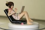  barefoot bow brown_hair computer dress figure laptop open_mouth photo ponytail sitting solo 