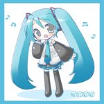  :o aqua_hair aqua_neckwear beamed_eighth_notes blush border character_name chibi detached_sleeves eighth_note hatsune_miku headphones headset long_hair lowres microphone music musical_note nail_polish necktie open_mouth shadow shudou_rima simple_background singing skirt solo standing thighhighs twintails very_long_hair vocaloid white_background zettai_ryouiki 