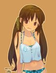  :q blush bow bow_panties brown_hair camisole collarbone dated hair_ribbon lingerie long_hair looking_at_viewer md5_mismatch orange_background original outline panties paw_print print_panties red_eyes ribbon signature solo striped tongue tongue_out twintails ukke underwear 