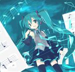  aqua_hair beamed_eighth_notes eighth_note hatsune_miku kagami_natsuki long_hair musical_note open_mouth quarter_note skirt solo staff_(music) thighhighs twintails very_long_hair vocaloid 