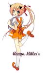  :o anna_miller artist_request blonde_hair green_eyes long_hair looking_back orange_skirt original ponytail shoes skirt socks solo standing standing_on_one_leg tray waitress white_background 