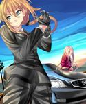  artist_request artoria_pendragon_(all) black_gloves blush car fate/zero fate_(series) formal gloves green_eyes ground_vehicle irisviel_von_einzbern long_hair motor_vehicle multiple_girls pant_suit ponytail red_eyes saber suit white_hair 