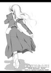  2007 ankle_boots boots carim_gracia from_behind full_body greyscale hairband jacket long_sleeves lyrical_nanoha mahou_shoujo_lyrical_nanoha_strikers monochrome simple_background sketch solo text_focus uniform waist_cape walking white_background yu_yu 