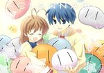  1girl :d ^_^ ^o^ antenna_hair blue_eyes blue_hair brown_hair clannad closed_eyes creature dango_daikazoku furukawa_nagisa hikarizaka_private_high_school_uniform holding okazaki_tomoya open_mouth school_uniform shinonome short_hair smile upper_body |_| 