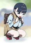  backpack bag blue_eyes breasts kawasaki_kazuhiko large_breasts original solo squatting 