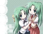  dollar green_eyes green_hair higurashi_no_naku_koro_ni multiple_girls ponytail siblings sisters sonozaki_mion sonozaki_shion twins 