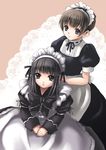  adjusting_another's_clothes apron black_eyes black_hair bow brown_hair dressing_another maid maid_apron maid_headdress multiple_girls original ribbon_trim umitsuki_kouna 