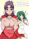  baozi breast_envy breast_squeeze breasts china_dress chinese_clothes dress food green_hair huge_breasts kuroo_(project_apricot) macross macross_frontier matsuura_nanase multiple_girls purple_eyes purple_hair ranka_lee red_eyes translation_request 