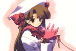  artist_request brown_eyes brown_hair copyright_request flower gloves hat long_hair red_gloves red_ribbon red_string ribbon solo string 