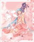  2boys angel_and_devil arrow blue_hair bow_(weapon) copyright_request dress happy long_hair multiple_boys one_eye_closed pink pink_background shirotsuki smile very_long_hair weapon 