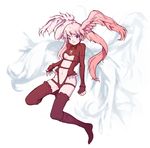  blush breasts cleavage final_fantasy final_fantasy_tactics hair_wings head_wings inawata leotard midriff pink_hair purple_eyes red_legwear red_leotard small_breasts solo thighhighs ultima_(fft) wings 