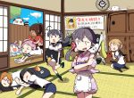  6+girls ahoge akebono_(kantai_collection) apron bandaid bangs bird black_eyes black_hair blue_hair blush breasts brown_hair bucket cat chest_of_drawers cleaning cleaning_brush clock cloud crab cushion dokan_(dkn) eyebrows_visible_through_hair food fruit glasses hair_ornament hatsuyuki_(kantai_collection) headband highres houshou_(kantai_collection) i-19_(kantai_collection) i-401_(kantai_collection) indoors japanese_clothes kantai_collection kimono light_brown_hair long_hair long_sleeves lying mochizuki_(kantai_collection) multiple_girls oboro_(kantai_collection) open_mouth orange orange_eyes penguin pink_hair ponytail purple_hair sailor_collar saliva sazanami_(kantai_collection) school_uniform serafuku shinkaisei-kan shirt short_hair sitting sleeping sliding_doors smile socks standing sweat sweatdrop swimming tatami teeth tree tripping two_side_up ushio_(kantai_collection) white_hair yukata 