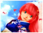  blue_eyes cherry_blossoms diana_jakobsson hair_ornament hairpin japanese_clothes kimono long_hair original red_hair solo 