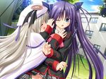  aqua_eyes blonde_hair blush buttons fang game_cg hat large_buttons little_busters! long_hair multiple_girls na-ga noumi_kudryavka one_eye_closed open_mouth purple_hair ribbon sasasegawa_sasami school_uniform twintails very_long_hair 