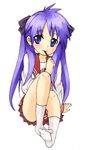  arm_support artist_request blue_eyes blush food hiiragi_kagami long_hair looking_at_viewer lucky_star no_shoes pleated_skirt pocky purple_hair ryouou_school_uniform school_uniform serafuku simple_background sitting skirt smile socks solo twintails white_background white_legwear 