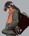  bad_id bad_pixiv_id bag black_hair blush copyright_request covering_mouth crying from_side grey_background hands_in_pockets long_hair magomago red_scarf scarf simple_background solo tears 