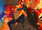  2boys archer artist_request denim emiya_shirou fate/stay_night fate_(series) fire flame heaven's_feel holding holding_sword holding_weapon jeans long_hair long_sleeves looking_to_the_side matou_sakura multiple_boys pants purple_hair raglan_sleeves red_hair rock silver_hair spread_legs sword unsheathed upper_body weapon 