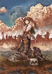  armor bad_id bad_pixiv_id bag blue_eyes boots bracer brown_hair city cityscape cloud fantasy isakawa_megumi moon original scenery solo sword twintails weapon 