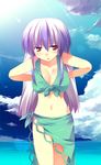  aqua_sarong artist_request bikini breasts cleavage cloud day front-tie_top kamishirasawa_keine large_breasts long_hair ocean purple_hair red_eyes sarong solo source_request swimsuit touhou water 