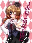  argyle argyle_background between_fingers black_dress blush brown_hair copyright_name crown dress hand_on_hip letter long_hair one_eye_closed purple_eyes smile solo takatori_umi_(artist) umineko_no_naku_koro_ni ushiromiya_maria 