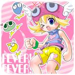  ;q amitie_(puyopuyo) bare_shoulders beret blonde_hair blue_eyes creature flipped_hair hat lowres one_eye_closed open_mouth puyo_(puyopuyo) puyopuyo puyopuyo_fever short_hair shorts solo sweater_vest tongue tongue_out turtleneck winged_hat 