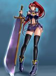  1girl ankle_boots asymmetrical_bangs belt black_thighhighs blue_background boots breasts bridal_gauntlets capelet choker cleavage clothing_cutout copyright_request earrings fantasy foreshortening from_below full_body grin hair_between_eyes hand_on_thigh high_heels high_ponytail holding huge_weapon jewelry kagami_hirotaka large_breasts leotard lipstick long_hair looking_at_viewer makeup midriff navel navel_cutout outline ponytail purple_eyes purple_sarong red_hair sarong shiny_clothes side_cutout smile solo standing studded_belt sword thighhighs tiptoes very_long_hair weapon 