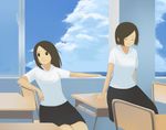  black_eyes black_hair classroom closed_eyes cloud day desk indoors long_hair multiple_girls oboru_konbu original school_desk short_hair sky smile window 