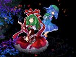  anna_(small_night) bag blue_hair front_ponytail green_hair hat kagiyama_hina kawashiro_nitori leaf long_hair multiple_girls ribbon short_hair touhou two_side_up 