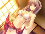  bare_shoulders bikini blue_eyes blush breasts clannad cleavage dutch_angle front-tie_top fumio_(ura_fmo) game_cg hairband large_breasts lens_flare long_hair navel print_sarong red_sarong sakagami_tomoyo sarong sarong_lift skirt skirt_lift solo swimsuit tomoyo_after white_bikini 
