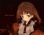  black_background blush brown_hair copyright_request kitano_yuusuke simple_background solo 