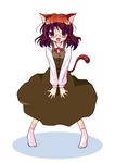  animal_ears bow bowtie brown_eyes brown_hair cat_ears cat_tail copyright_request dress glasses messy_hair naitou_satoshi simple_background smile socks solo tail upskirt v_arms wind wind_lift 