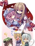  animal_ears anju_(mocomocousagi) bad_id bad_pixiv_id blonde_hair blood blush cat_ears chen chibi earrings fox_tail gap ghost hat jewelry konpaku_youmu konpaku_youmu_(ghost) long_hair multiple_girls nosebleed pink_hair ribbon saigyouji_yuyuko short_hair tail touhou white_hair yakumo_ran yakumo_yukari 