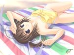  acid_head ahoge aizawa_tomomi bare_shoulders blanket blue_eyes bow brown_hair casual_one-piece_swimsuit hair_bow lying on_side one-piece_swimsuit pia_carrot_(series) pia_carrot_e_youkoso!!_3 sand smile solo swimsuit towel twintails upside-down 