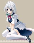  blue_eyes blush braid izayoi_sakuya maid seo_tatsuya short_hair silver_hair solo thighhighs touhou twin_braids 